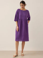 100% Linen A-Line Midi Dress for Women with Short Sleeves and Flowing Hemline – Perfect Summer and Formal Dress