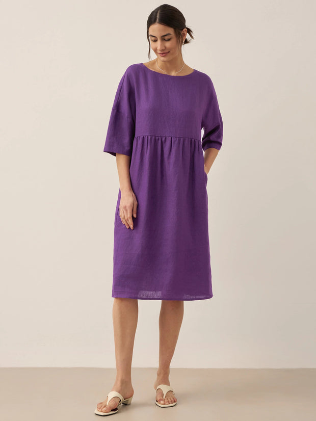 100% Linen A-Line Midi Dress for Women with Short Sleeves and Flowing Hemline – Perfect Summer and Formal Dress