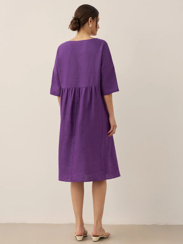 100% Linen A-Line Midi Dress for Women with Short Sleeves and Flowing Hemline – Perfect Summer and Formal Dress