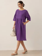 100% Linen A-Line Midi Dress for Women with Short Sleeves and Flowing Hemline – Perfect Summer and Formal Dress