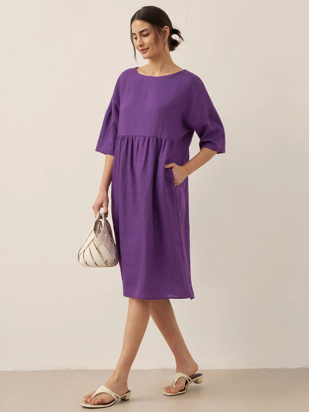 100% Linen A-Line Midi Dress for Women with Short Sleeves and Flowing Hemline – Perfect Summer and Formal Dress
