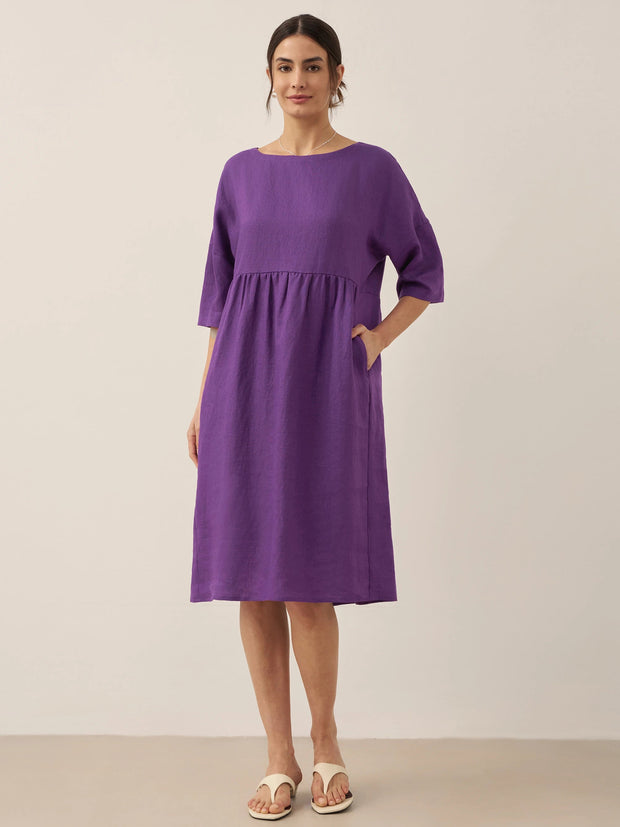 100% Linen A-Line Midi Dress for Women with Short Sleeves and Flowing Hemline – Perfect Summer and Formal Dress