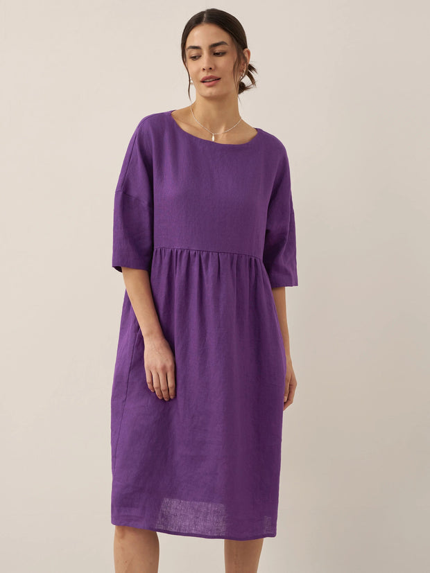 100% Linen A-Line Midi Dress for Women with Short Sleeves and Flowing Hemline – Perfect Summer and Formal Dress
