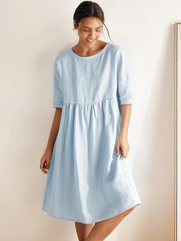 100% Linen A-Line Midi Dress for Women with Short Sleeves and Flowing Hemline – Perfect Summer and Formal Dress