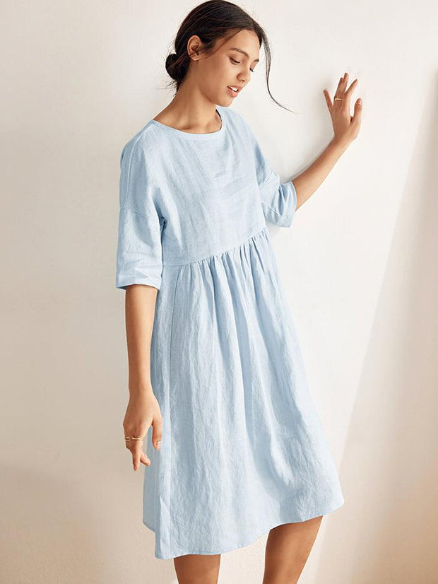 100% Linen A-Line Midi Dress for Women with Short Sleeves and Flowing Hemline – Perfect Summer and Formal Dress