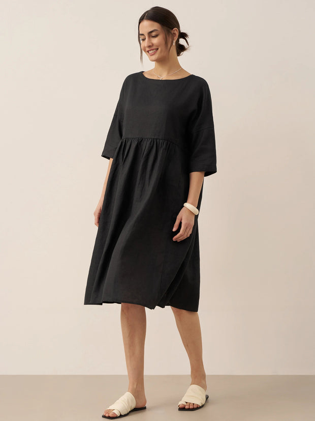 100% Linen A-Line Midi Dress for Women with Short Sleeves and Flowing Hemline – Perfect Summer and Formal Dress