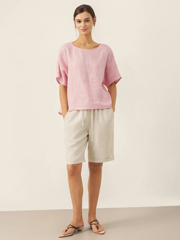 100% Linen Capri Pants with Elastic Drawstring Waist and Side Pockets – Comfortable and Stylish