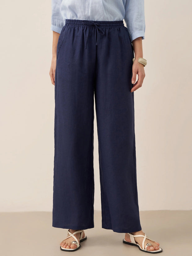 100% Linen Classic Straight Leg Pants with Elasticized Drawstring Waist – Relaxed Fit
