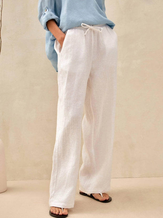 100% Linen Classic Straight Leg Pants with Elasticized Drawstring Waist – Relaxed Fit