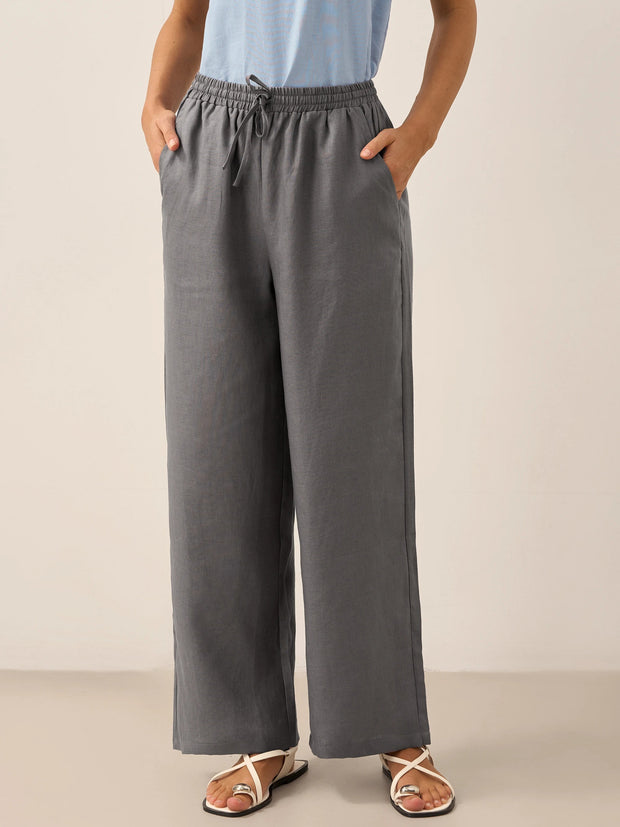 100% Linen Classic Straight Leg Pants with Elasticized Drawstring Waist – Relaxed Fit