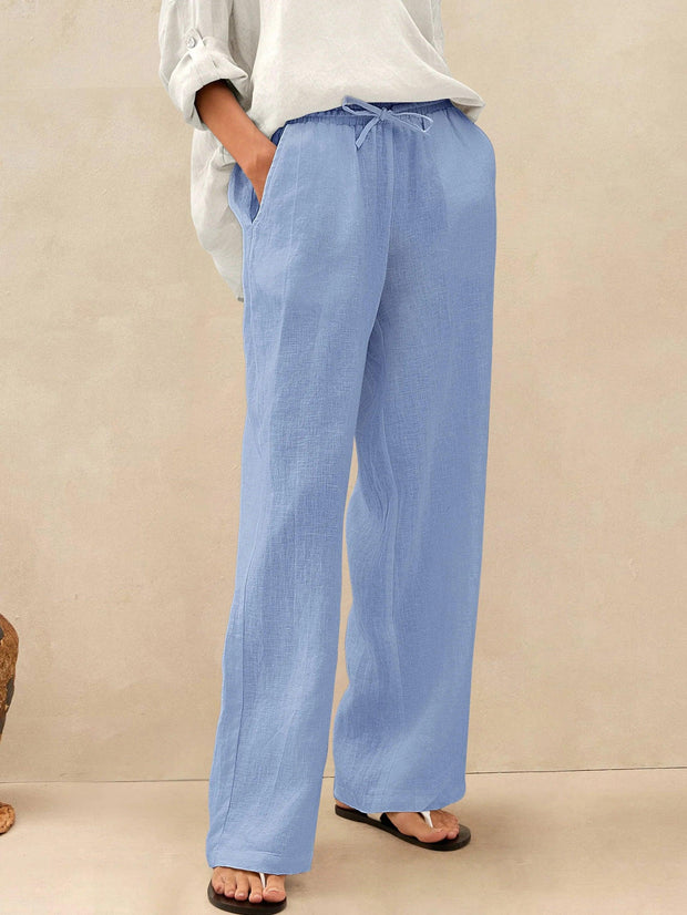 100% Linen Classic Straight Leg Pants with Elasticized Drawstring Waist – Relaxed Fit