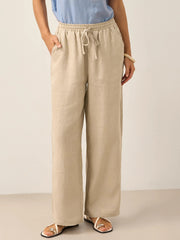 100% Linen Classic Straight Leg Pants with Elasticized Drawstring Waist – Relaxed Fit