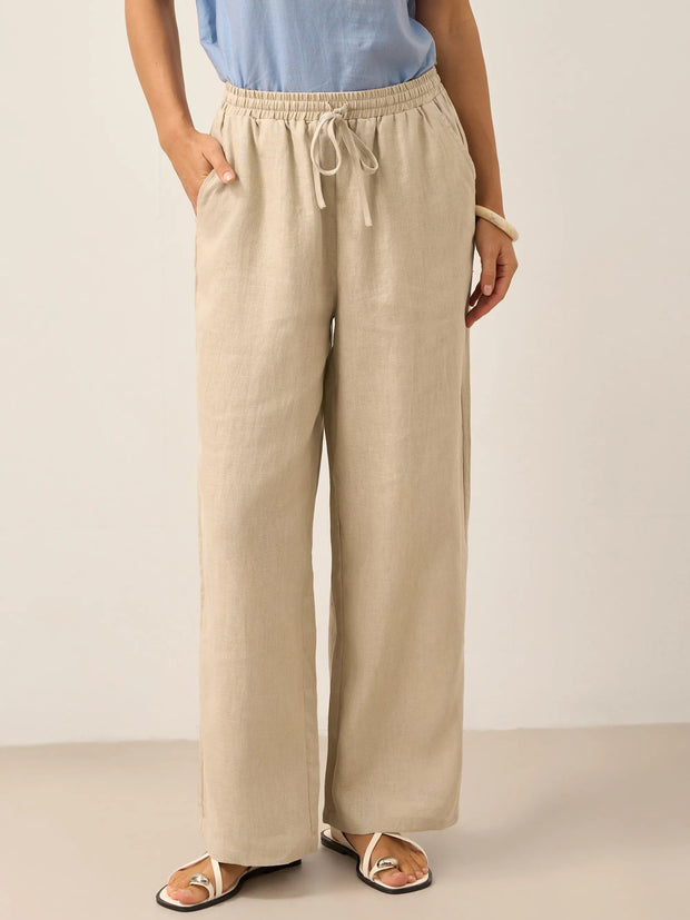 100% Linen Classic Straight Leg Pants with Elasticized Drawstring Waist – Relaxed Fit