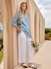 100% Linen Classic Straight Leg Pants with Elasticized Drawstring Waist – Relaxed Fit