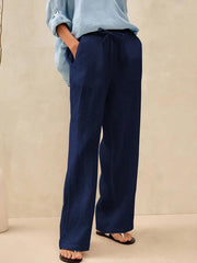 100% Linen Classic Straight Leg Pants with Elasticized Drawstring Waist – Relaxed Fit