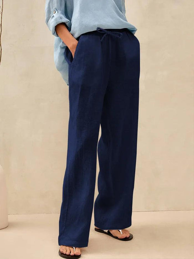 100% Linen Classic Straight Leg Pants with Elasticized Drawstring Waist – Relaxed Fit