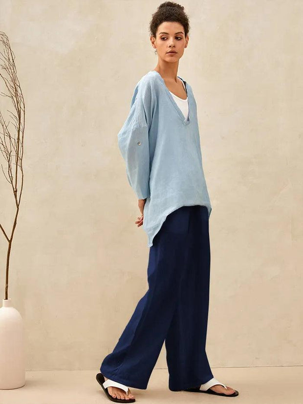 100% Linen Classic Straight Leg Pants with Elasticized Drawstring Waist – Relaxed Fit