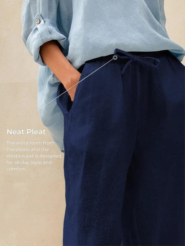 100% Linen Classic Straight Leg Pants with Elasticized Drawstring Waist – Relaxed Fit