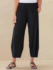100% Linen Crop Pants with Elastic Waistband and Side Pockets – Comfortable Lantern Ankle Trousers