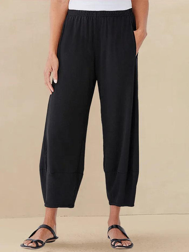 100% Linen Crop Pants with Elastic Waistband and Side Pockets – Comfortable Lantern Ankle Trousers