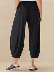 100% Linen Crop Pants with Elastic Waistband and Side Pockets – Comfortable Lantern Ankle Trousers