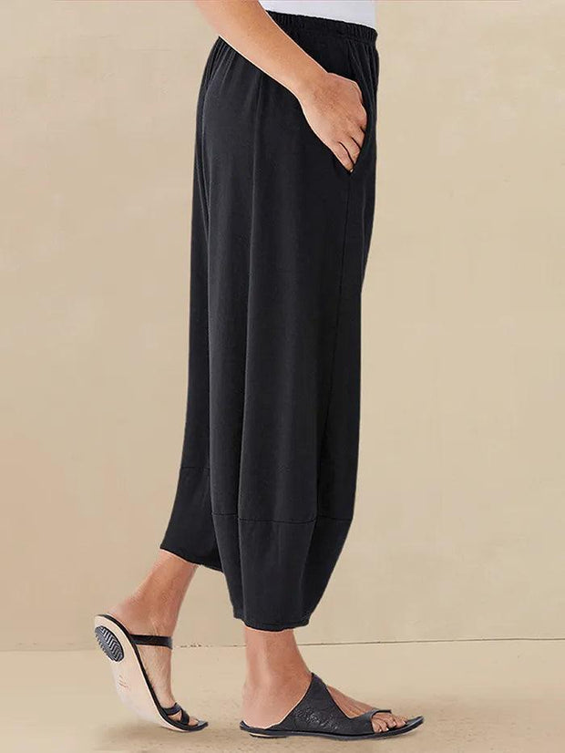 100% Linen Crop Pants with Elastic Waistband and Side Pockets – Comfortable Lantern Ankle Trousers