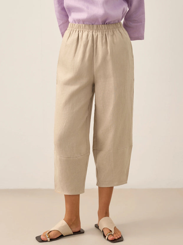 100% Linen Crop Pants with Elastic Waistband and Side Pockets – Comfortable Lantern Ankle Trousers