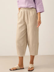 100% Linen Crop Pants with Elastic Waistband and Side Pockets – Comfortable Lantern Ankle Trousers