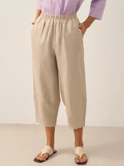100% Linen Crop Pants with Elastic Waistband and Side Pockets – Comfortable Lantern Ankle Trousers