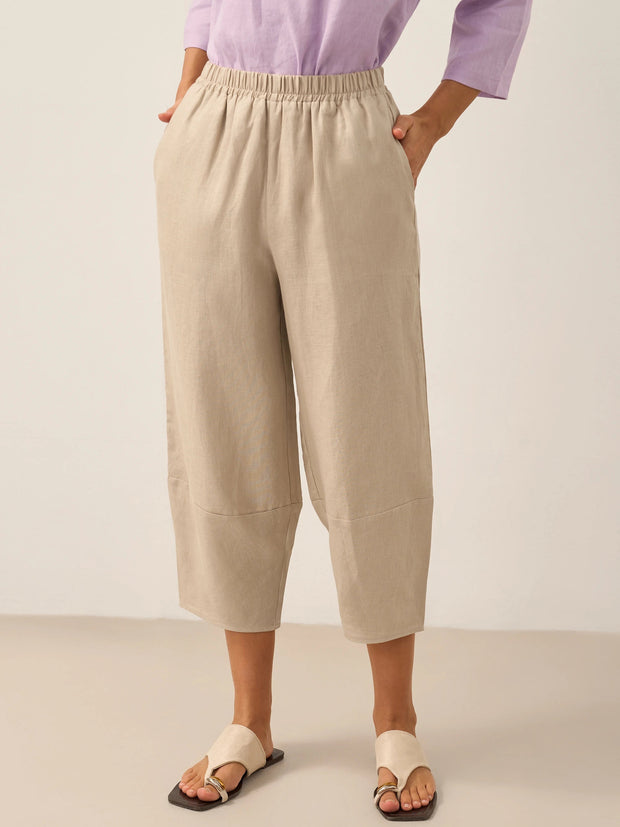 100% Linen Crop Pants with Elastic Waistband and Side Pockets – Comfortable Lantern Ankle Trousers