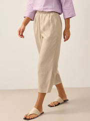 100% Linen Crop Pants with Elastic Waistband and Side Pockets – Comfortable Lantern Ankle Trousers