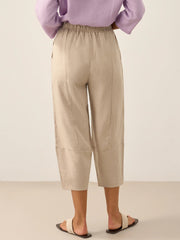 100% Linen Crop Pants with Elastic Waistband and Side Pockets – Comfortable Lantern Ankle Trousers
