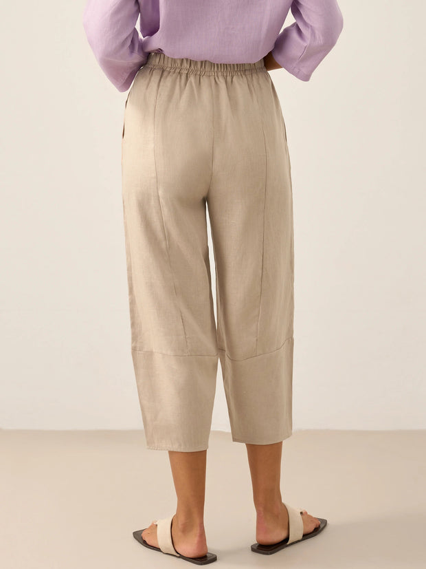 100% Linen Crop Pants with Elastic Waistband and Side Pockets – Comfortable Lantern Ankle Trousers