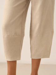 100% Linen Crop Pants with Elastic Waistband and Side Pockets – Comfortable Lantern Ankle Trousers
