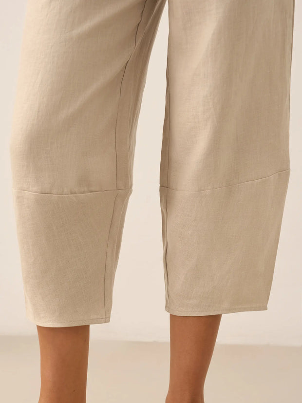 100% Linen Crop Pants with Elastic Waistband and Side Pockets – Comfortable Lantern Ankle Trousers