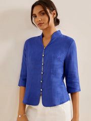 100% Linen Fitted Jacket with Mandarin Collar and Unique Button Design