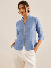 100% Linen Fitted Jacket with Mandarin Collar and Unique Button Design