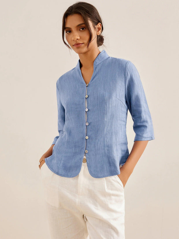 100% Linen Fitted Jacket with Mandarin Collar and Unique Button Design