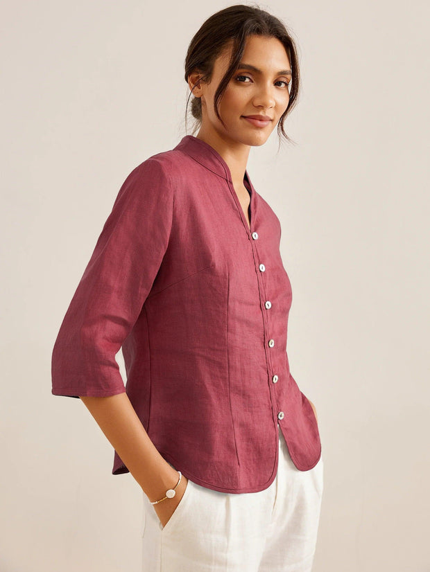 100% Linen Fitted Jacket with Mandarin Collar and Unique Button Design