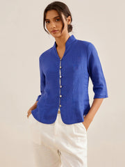 100% Linen Fitted Jacket with Mandarin Collar and Unique Button Design