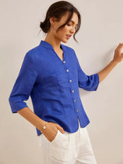 100% Linen Fitted Jacket with Mandarin Collar and Unique Button Design