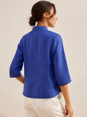 100% Linen Fitted Jacket with Mandarin Collar and Unique Button Design