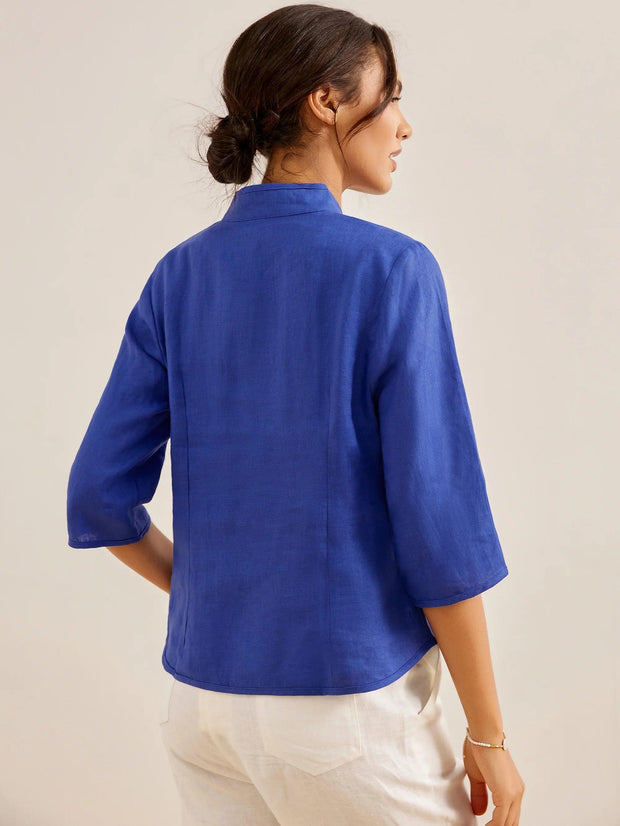 100% Linen Fitted Jacket with Mandarin Collar and Unique Button Design
