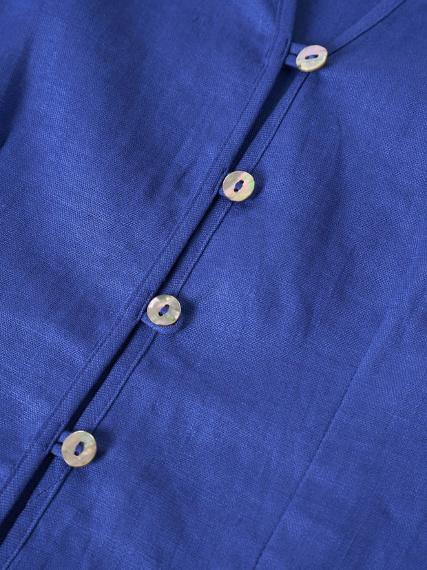 100% Linen Fitted Jacket with Mandarin Collar and Unique Button Design