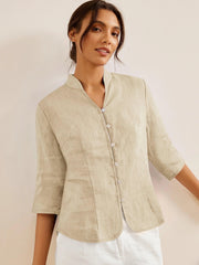 100% Linen Fitted Jacket with Mandarin Collar and Unique Button Design