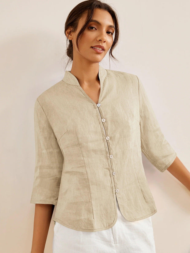 100% Linen Fitted Jacket with Mandarin Collar and Unique Button Design