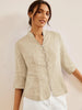 100% Linen Fitted Jacket with Mandarin Collar and Unique Button Design