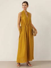 100% Linen Halter Maxi Dress with V-Neck and Side Pockets – Elegant Resort Wear