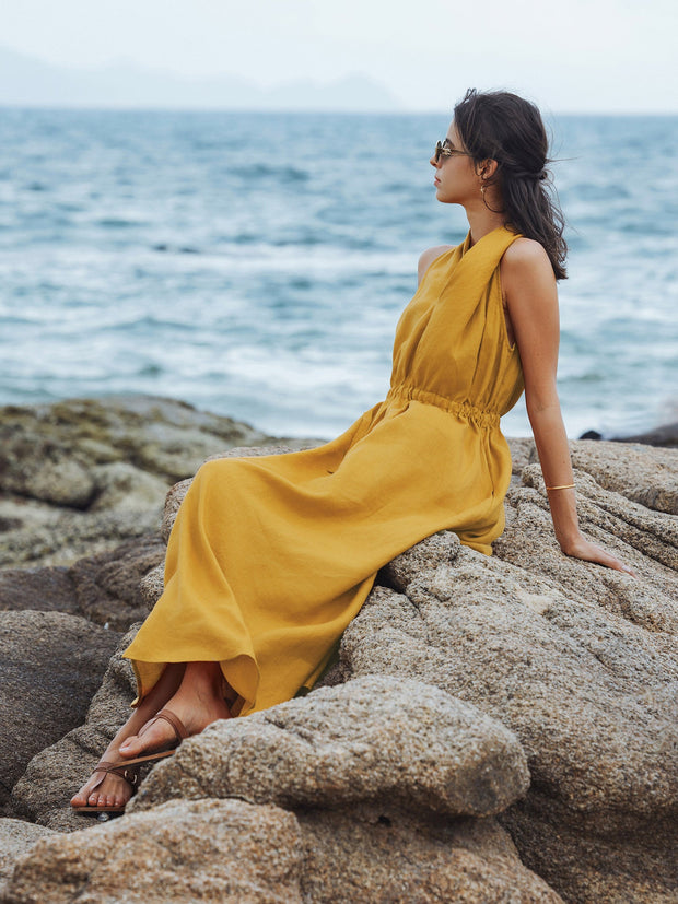 100% Linen Halter Maxi Dress with V-Neck and Side Pockets – Elegant Resort Wear