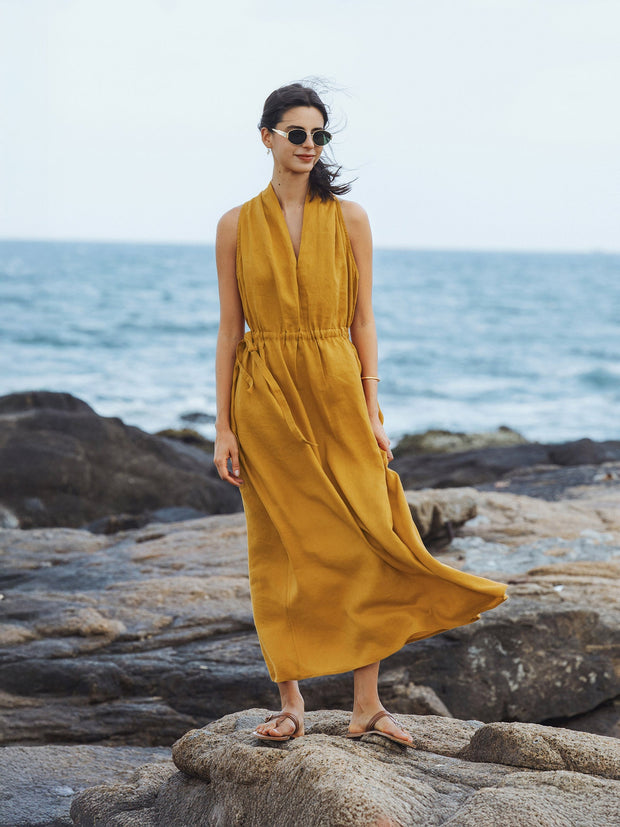 100% Linen Halter Maxi Dress with V-Neck and Side Pockets – Elegant Resort Wear